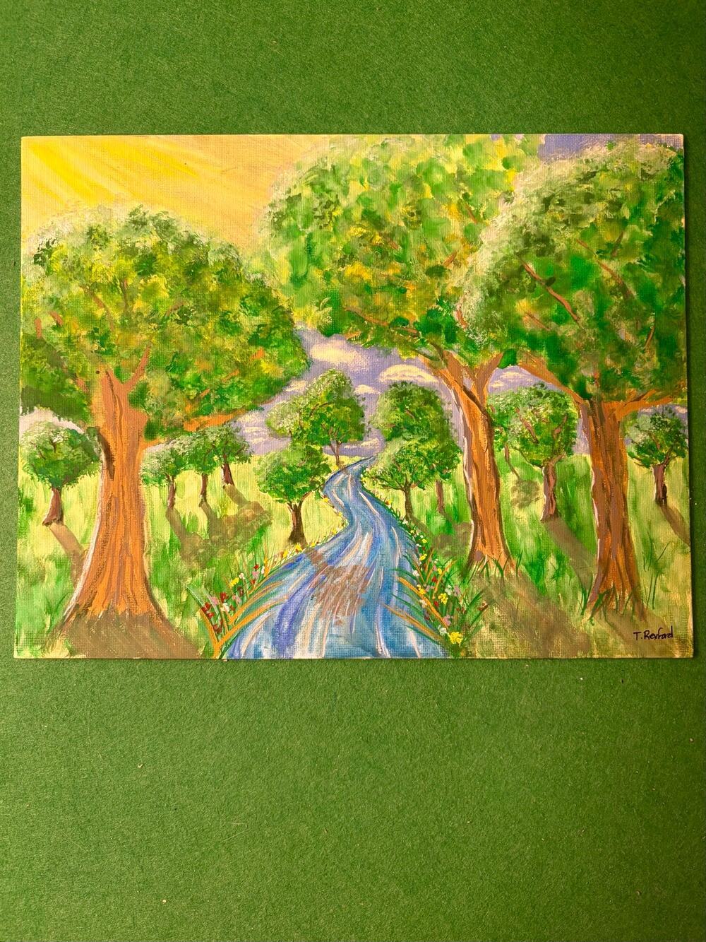 Hand painted gouache original painting forest, river sky
